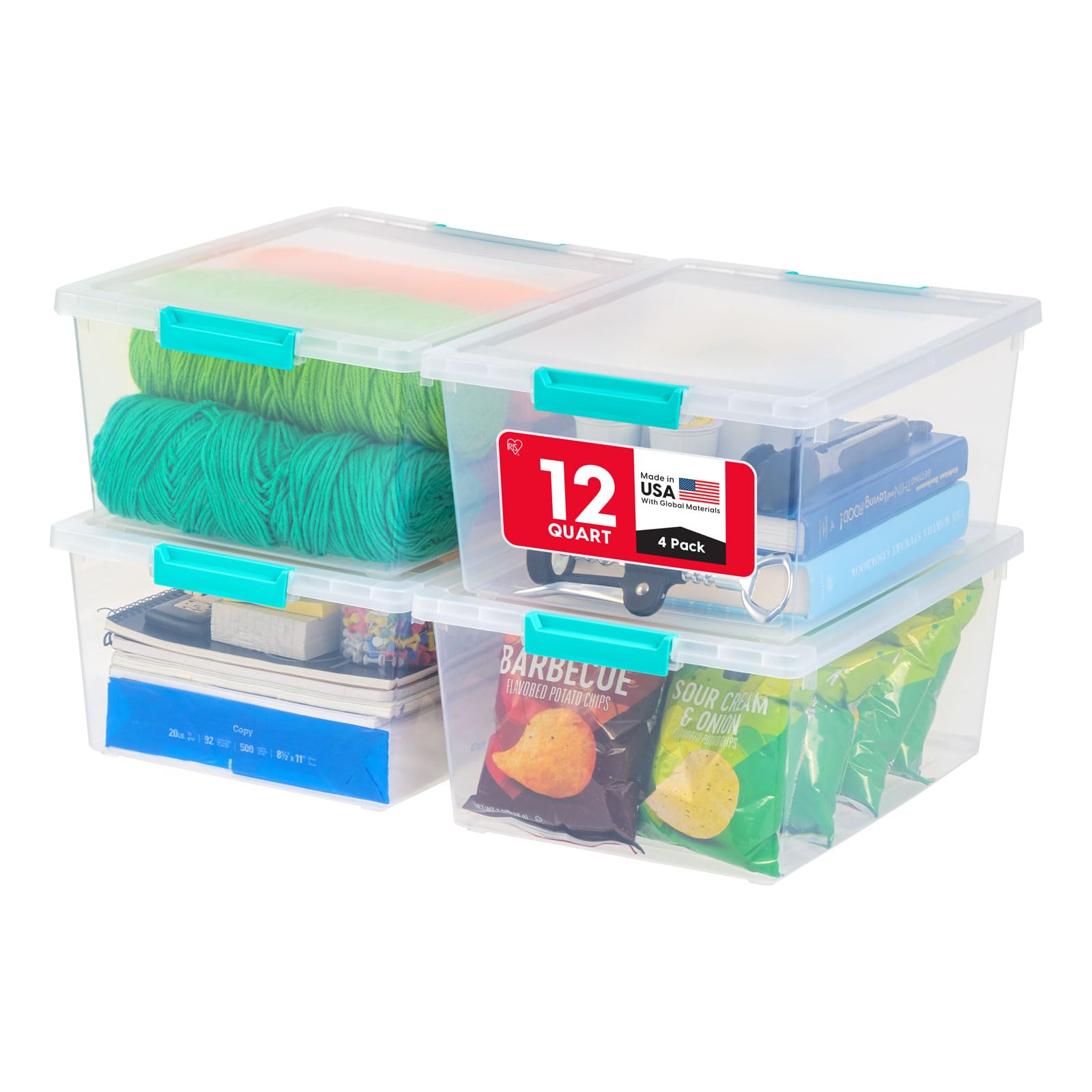 IRIS USA Storage Bins with Lids |Made in USA| 6 Qt - (4-Pack) - Clear | Sensory Craft Organizers, Plastic Clip Box Totes, Flat Containers for Organizing Paper, Office, Art & Study Supplies