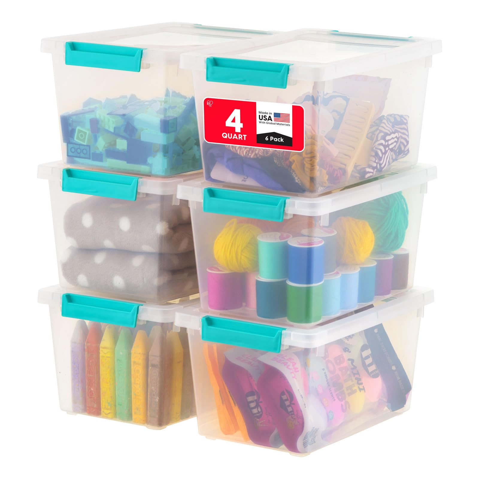 IRIS USA Storage Bins with Lids |Made in USA| 6 Qt - (4-Pack) - Clear | Sensory Craft Organizers, Plastic Clip Box Totes, Flat Containers for Organizing Paper, Office, Art & Study Supplies