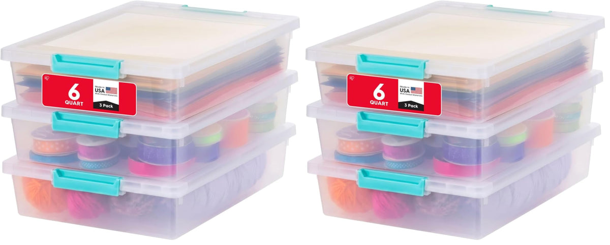 IRIS USA Storage Bins with Lids |Made in USA| 6 Qt - (4-Pack) - Clear | Sensory Craft Organizers, Plastic Clip Box Totes, Flat Containers for Organizing Paper, Office, Art & Study Supplies