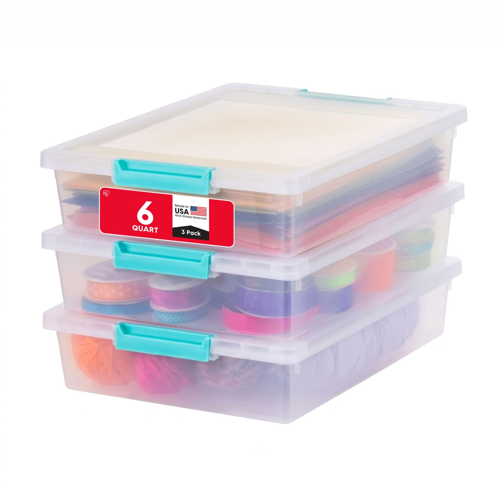 IRIS USA Storage Bins with Lids |Made in USA| 6 Qt - (4-Pack) - Clear | Sensory Craft Organizers, Plastic Clip Box Totes, Flat Containers for Organizing Paper, Office, Art & Study Supplies
