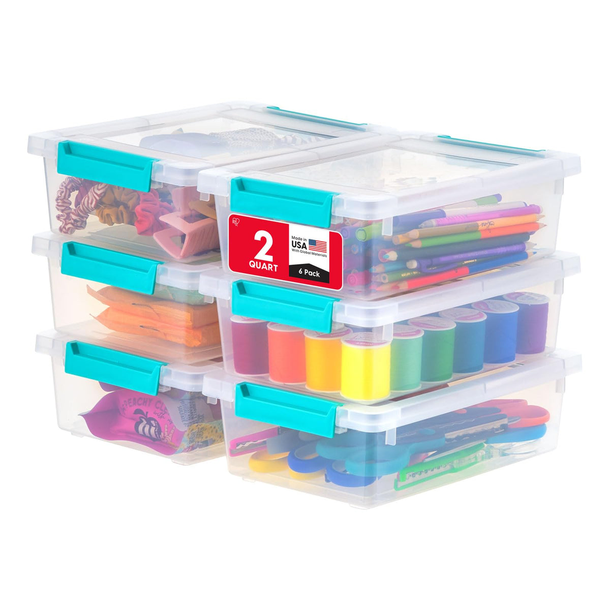 IRIS USA Storage Bins with Lids |Made in USA| 6 Qt - (4-Pack) - Clear | Sensory Craft Organizers, Plastic Clip Box Totes, Flat Containers for Organizing Paper, Office, Art & Study Supplies