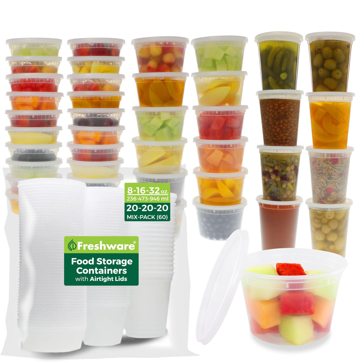 Freshware Food Storage Containers [24 Set] 32 oz Plastic Deli Containers with Lids, Slime, Soup, Meal Prep Containers | BPA Free | Stackable | Leakproof | Microwave/Dishwasher/Freezer Safe