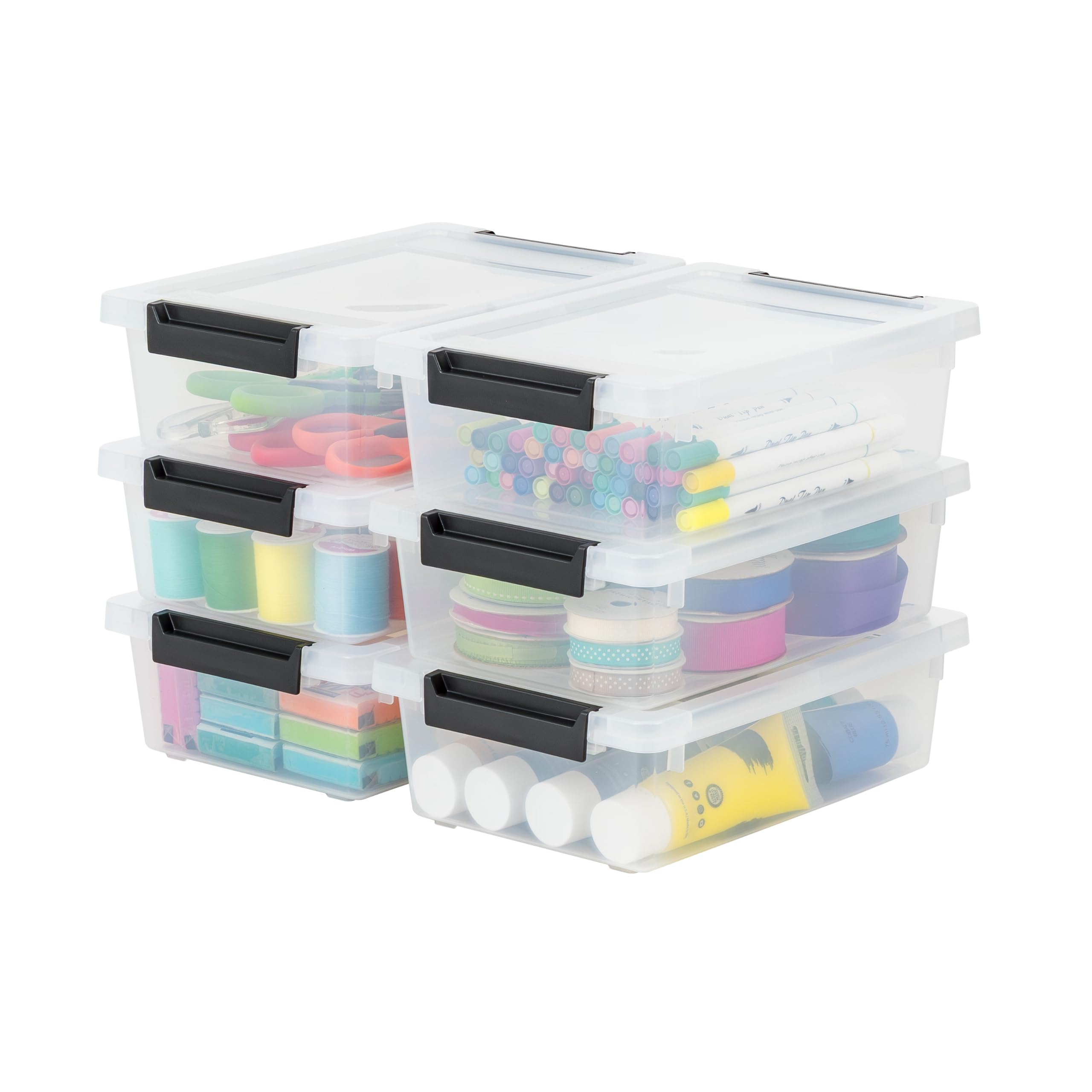 IRIS USA Storage Bins with Lids |Made in USA| 6 Qt - (4-Pack) - Clear | Sensory Craft Organizers, Plastic Clip Box Totes, Flat Containers for Organizing Paper, Office, Art & Study Supplies