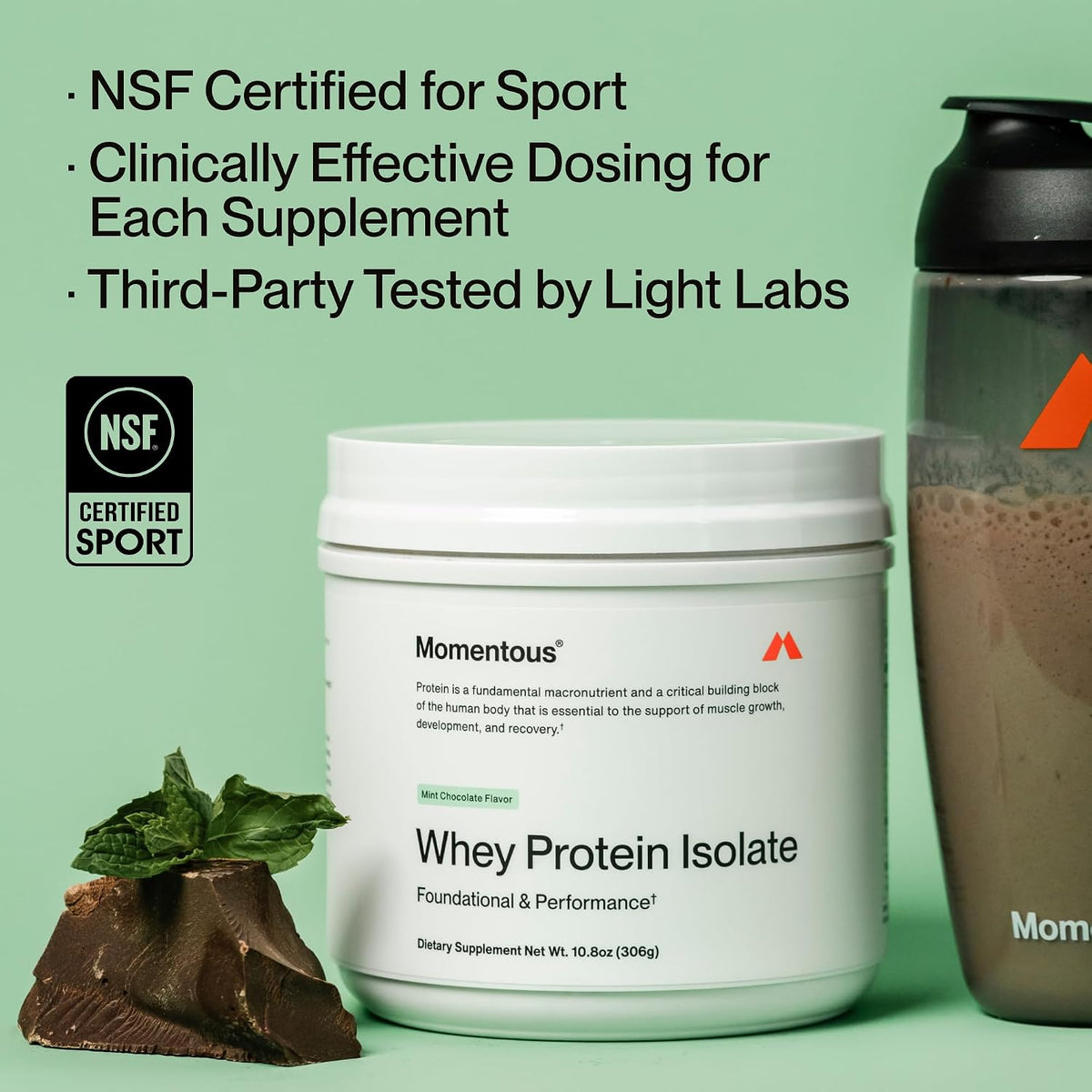 Momentous Grass-Fed Whey Protein Isolate Powder, 20g, Mint Chocolate