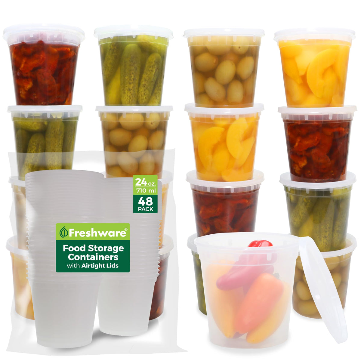 Freshware Food Storage Containers [24 Set] 32 oz Plastic Deli Containers with Lids, Slime, Soup, Meal Prep Containers | BPA Free | Stackable | Leakproof | Microwave/Dishwasher/Freezer Safe
