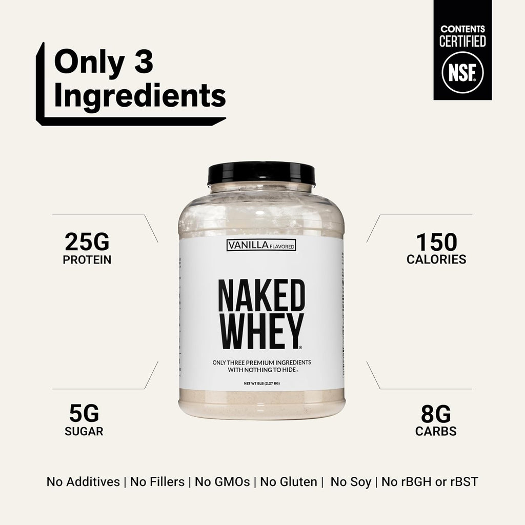 NAKED Vanilla Whey Protein Powder - All Natural Grass Fed Whey Protein Powder, Vanilla Flavor, Organic Coconut Sugar, 5Lb Bulk, NSF Certified, GMO-Free, Soy Free, Gluten Free - 61 Servings