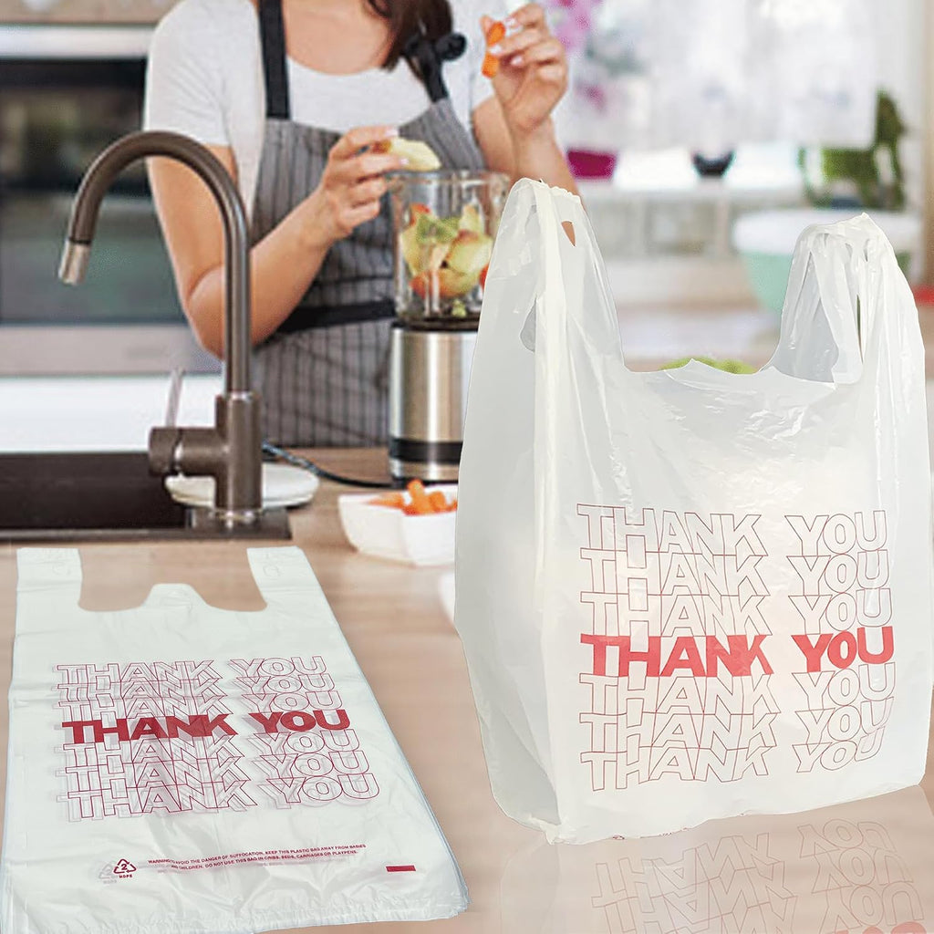 TashiBox 1000 Ct plastic bags/Shopping Bags/Thank You Bags/Reusable and Disposable Grocery Bags - Measures 11.5" X 6.25" X 21", 15mic, 0.6 Mil