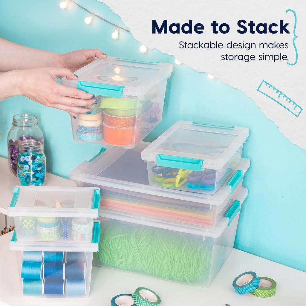 IRIS USA Storage Bins with Lids |Made in USA| 6 Qt - (4-Pack) - Clear | Sensory Craft Organizers, Plastic Clip Box Totes, Flat Containers for Organizing Paper, Office, Art & Study Supplies