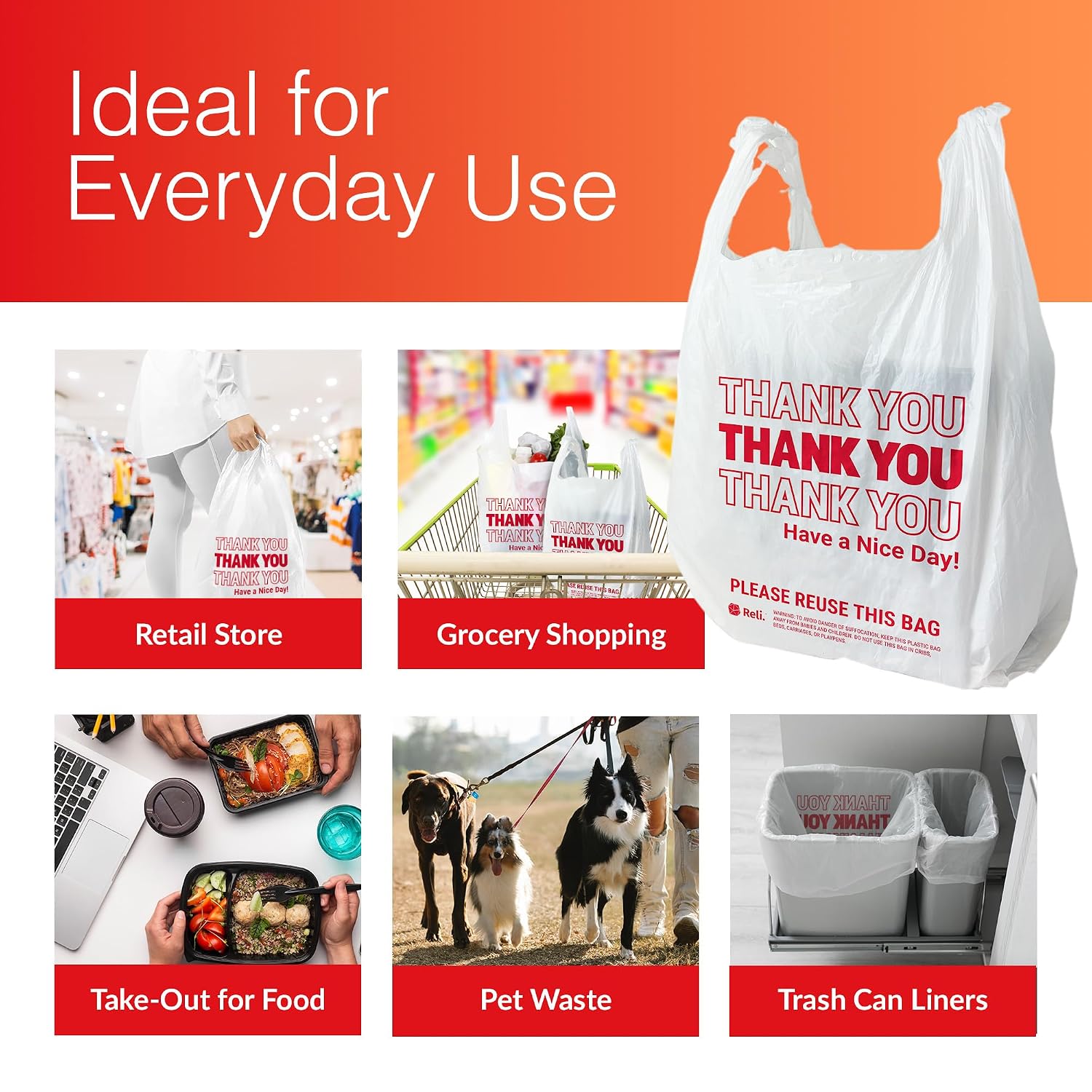 Reli. Thank You Plastic Bags (350 Count) | Carry Out, Grocery, Shopping Bag, Restaurants, Convenience Store, 11.5" x 6.5" x 21" (White)