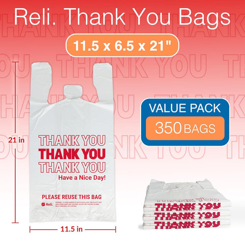 Reli. Thank You Plastic Bags (350 Count) | Carry Out, Grocery, Shopping Bag, Restaurants, Convenience Store, 11.5" x 6.5" x 21" (White)