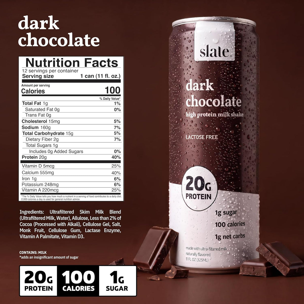 Slate Milk Dark Chocolate 20g High Protein Milk Shake (12 Cans)