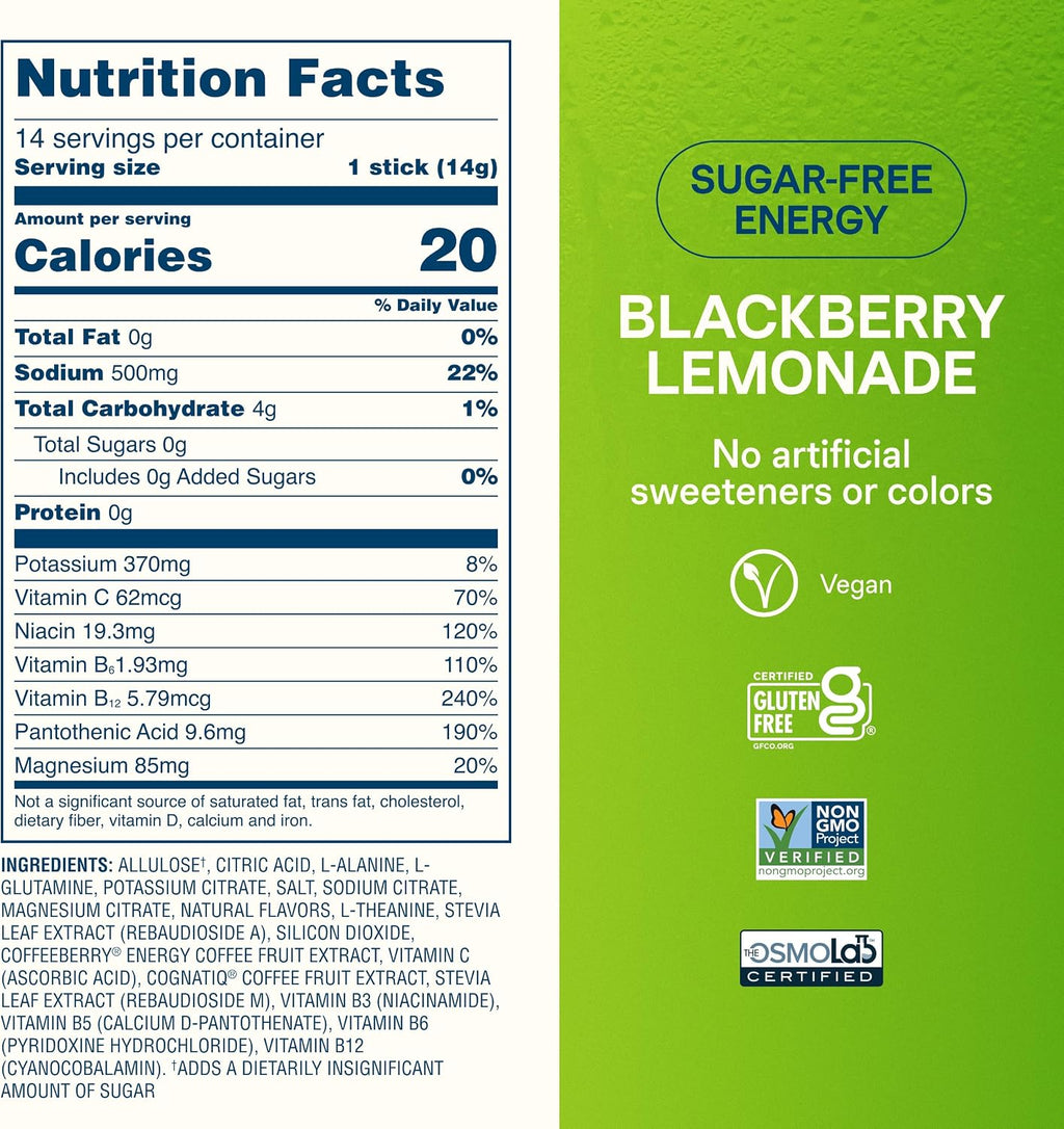 Liquid I.V. Sugar Free + Energy Electrolytes, BlackBerry Lemonade, 14 Count